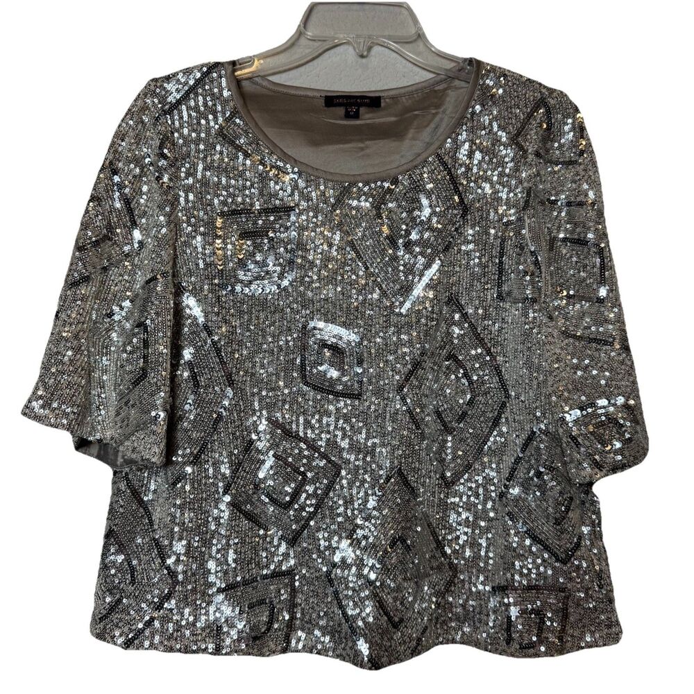 Skies Are Blue Silver Sequin Diamond Pattern Blouse Top Holiday Formal Size M